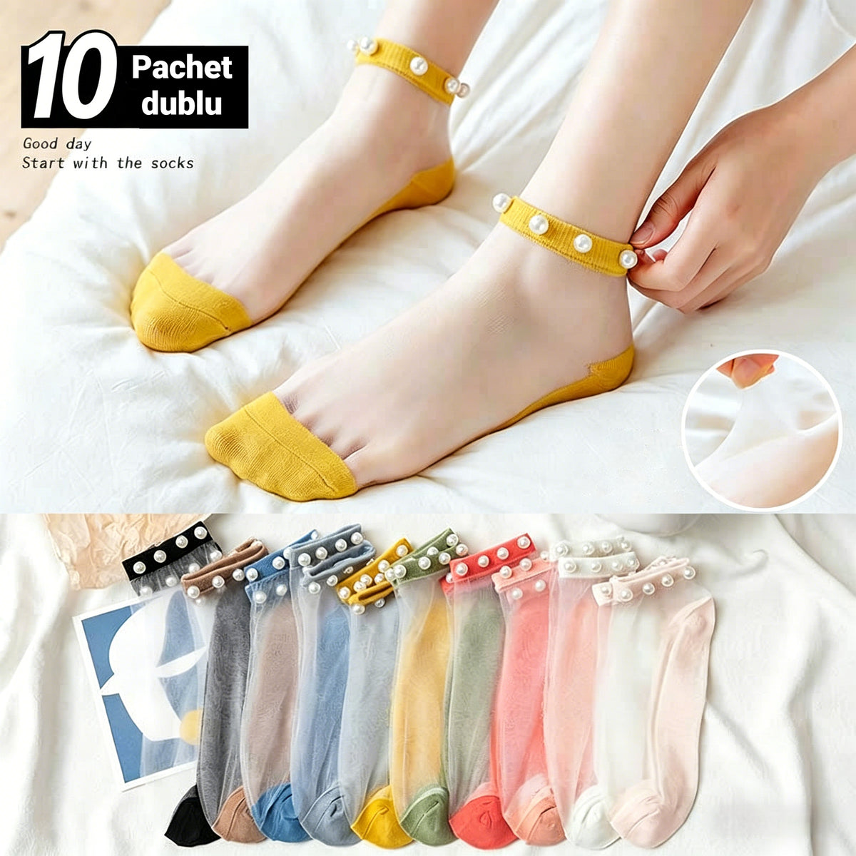 🧦❄️【Set 10 perechi】  șosete scurte de vară, subțiri din mătase ice silk cu efect perlat 💎