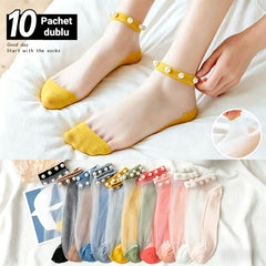 🧦❄️【Set 10 perechi】  șosete scurte de vară, subțiri din mătase ice silk cu efect perlat 💎