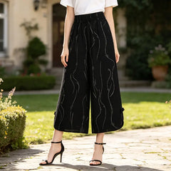 Pantaloni Largi de Damă cu Talie Înaltă Flexibilă, Imprimeu Abstract Elegant, Șliț Lateral cu Nasturi Tradiționali, Material Fluid și Răcoros de Vară