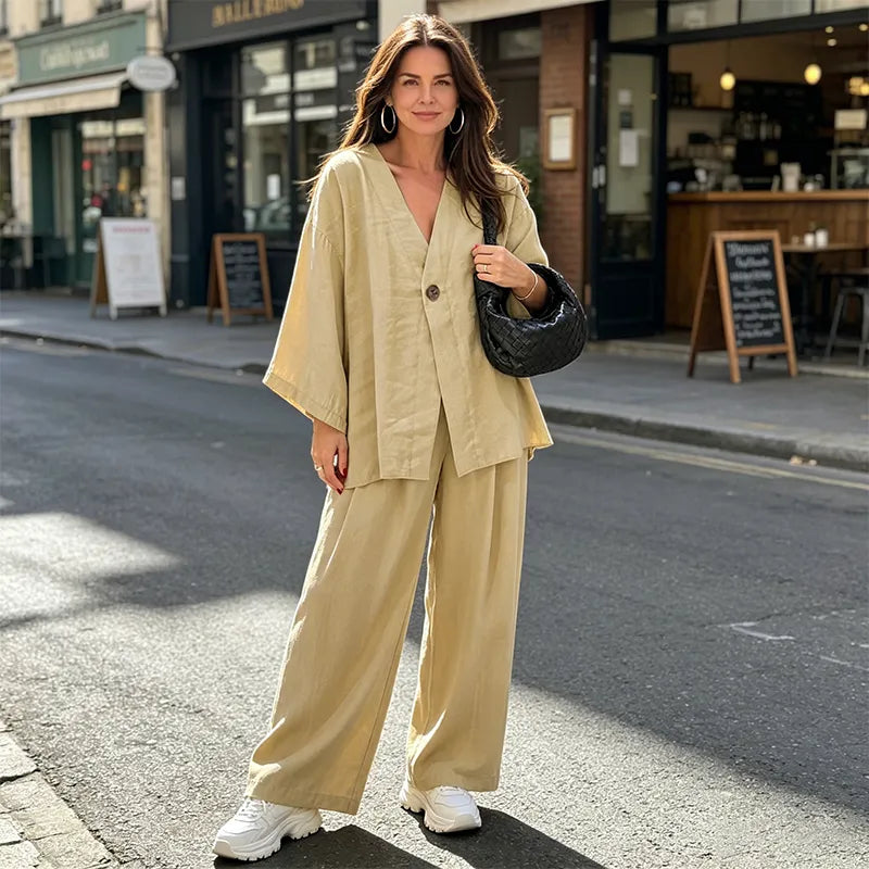 Compleu de Vară din In cu Sacou Kimono și Pantaloni Lungi Largi, Subțire și Respirabil, Design Elegant Oversized pentru Femei – Set Casual Bej Clasic