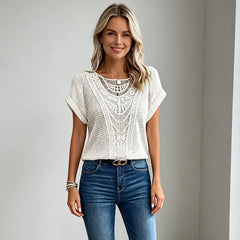 Bluză de Vară Tricotată Dama, cu Dantelă Croșetată - Tricou Elegant cu Decupaje, Material Moale, Respirabil și Fin la Atingere