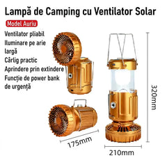 Felinar de Camping 3 în 1 cu Încărcare Solară și Ventilator Pliabil, Lampă LED Telescopică, Funcție Power Bank de Urgență, Reîncărcabil USB