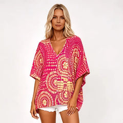 🛍️ Nou 2026: Bluză de Vară Stil Bohemian cu Decolteu în V și Imprimeu Ethnic 💃 Croială Lejeră cu Mâneci Liliac (Batwing), Material Răcoros | 4 Culori, Mărimi S-XXL