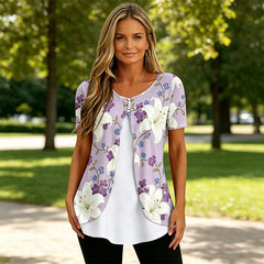 Bluză Elegantă 2 în 1 cu Imprimeu Floral – Croială Lejeră ce Ascunde Abdomenul și Subțiază Silueta