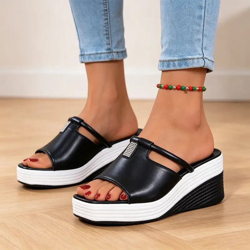 🖤💎 【Material din piele autentică】 Papuci cu talpă panou și cristale, la modă