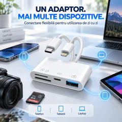 ⚡ Adaptor & Cititor de Carduri Multifuncțional 4-în-1 (USB-C + Lightning) – Transfer Rapid de Date pentru iPhone, iPad, Android și Laptop fără Aplicații!