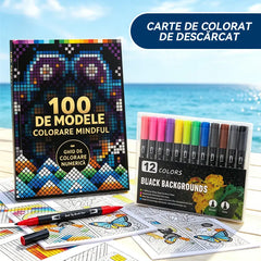 🛍️ Set Carte de Colorat Antistres "100 Patterns Mindful Coloring" 🎨 Pictură pe Numere pentru Adulți și Seniori | 100 de Modele (Flori, Mandale) + Set Carioci Include, Antrenament Cerebral & Relaxare