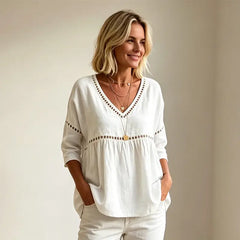 ✨Bluză de Vară Oversize Babydoll din In și Bumbac – Decolteu în V cu Dantelă Decupată, Mâneci 3/4, Lejeră și Respirabilă
