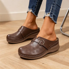 👡 Saboți Mules din Piele Moale cu Perforații – Talpă Ergonomică, Cataramă Șic, Pentru Picioare Late, 3 Culori, Mărimi 36-43! ☀️✨