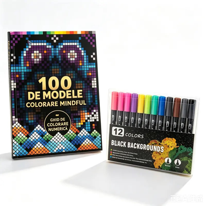🛍️ Set Carte de Colorat Antistres "100 Patterns Mindful Coloring" 🎨 Pictură pe Numere pentru Adulți și Seniori | 100 de Modele (Flori, Mandale) + Set Carioci Include, Antrenament Cerebral & Relaxare
