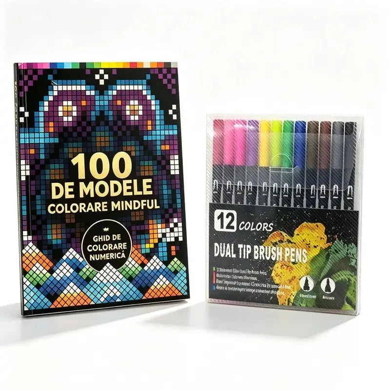 🛍️ Set Carte de Colorat Antistres "100 Patterns Mindful Coloring" 🎨 Pictură pe Numere pentru Adulți și Seniori | 100 de Modele (Flori, Mandale) + Set Carioci Include, Antrenament Cerebral & Relaxare
