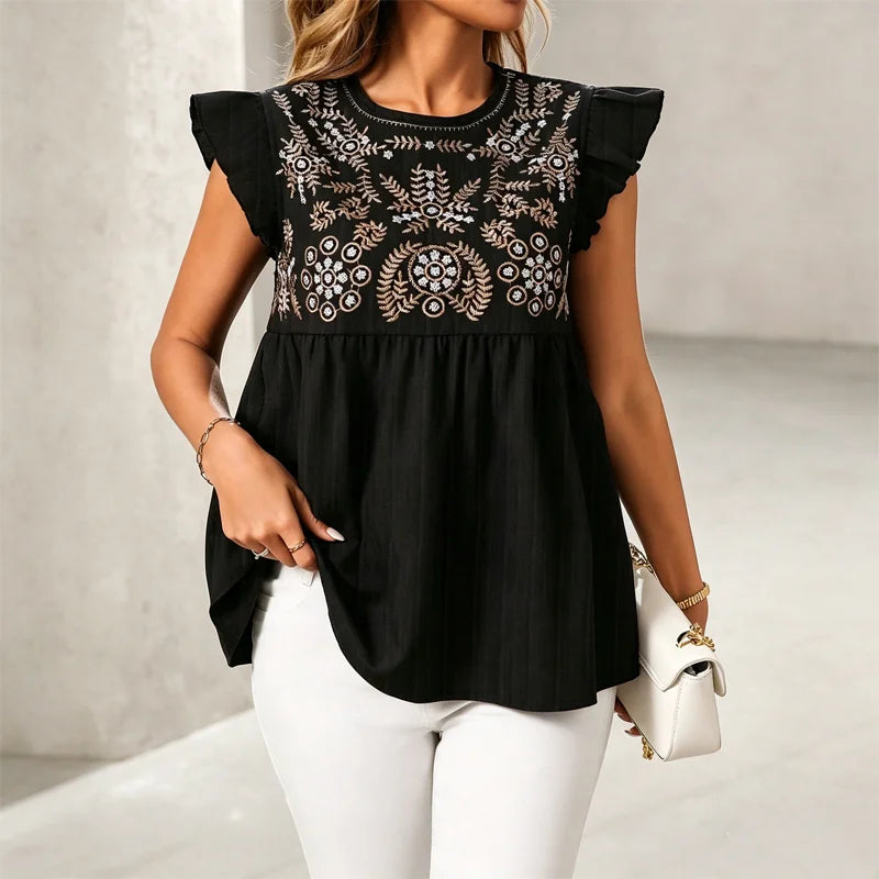 🌸👚Tricou din in cu broderie și mâneci tip fluturaș