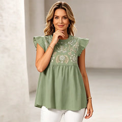 🌸👚Tricou din in cu broderie și mâneci tip fluturaș