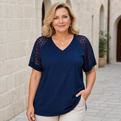 🛍️ Eleganță de Vară! Tricou Plus Size cu Inserții de Dantelă și Decolteu în V | L-5XL