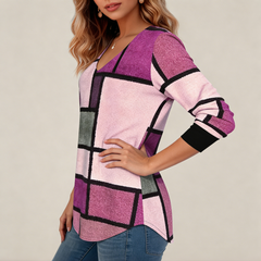 Divatos női V-nyakú felső digitális nyomott mintával, laza szabással és színes kockás dizájnnal