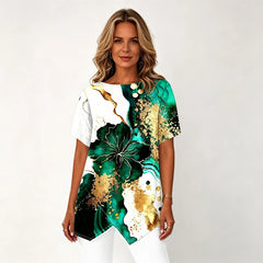 🛍️ Colecția de Vară 2026: Tricou Dama Elegant cu Imprimeu Floral și Tăietură Asimetrică ✨ Bluză Lejeră cu Mânecă Scurta, Efect de Subțiere | 4 Culori, Mărimi Mări S-4XL