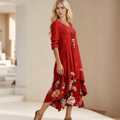 Női mintás hosszú ujjú ruha aszimmetrikus szegéllyel – elegáns, nőies hosszú ruha