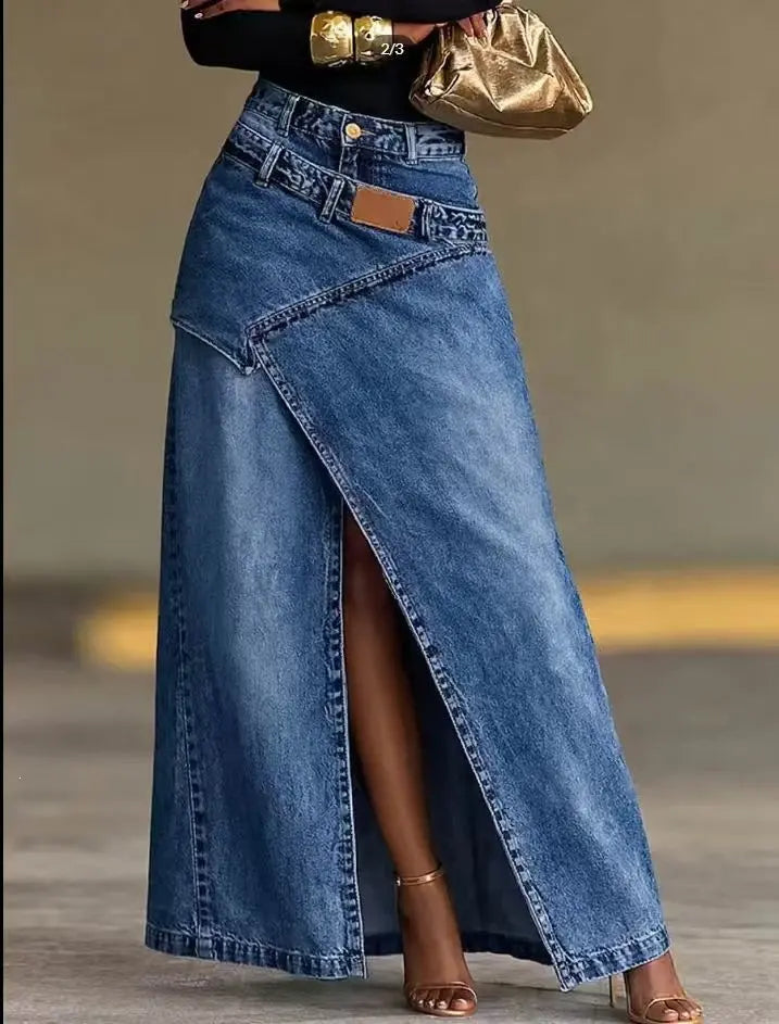 🥇【S-3XL】Fustă lungă din denim la modă, cu design cu șliț și curea în mai multe straturi