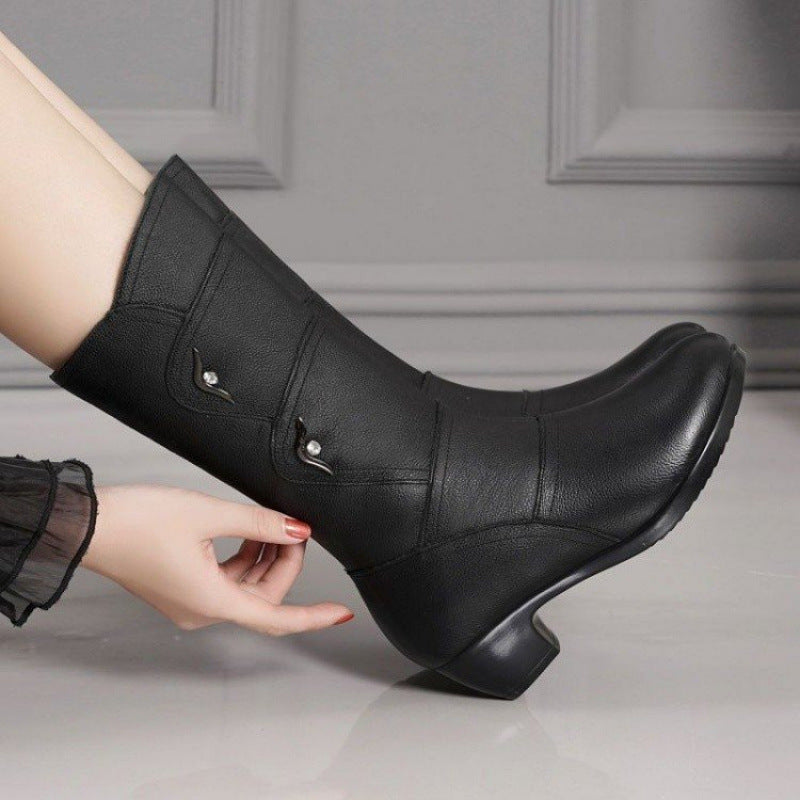 Női vastag sarkú, alacsony sarkú bokacsizma puha bőrből – bélelt, kényelmes, 35–42-es méret