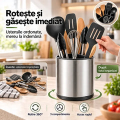 🍳 Suport Rotativ 360° din Oțel Inoxidabil pentru Ustensile de Bucătărie – Organizați Bucătăria Simplu și Elegant!