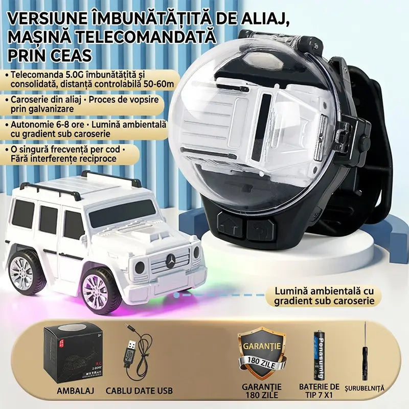 Ceas cu Mini Mașină de Jucărie cu Telecomandă pentru Băieți, Mașinuță Electrică din Aliaj Metalic cu Lumini LED Ambientale, Încărcare USB, Cadou Copii