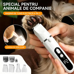 8-piece set--Trusă de Îngrijire 4 în 1 pentru Animale de Companie – Aparat de Tuns Câini și Pisici cu PILĂ de Unghii, Afișaj LED și Zgomot Redus【Consolă principală + 4 capete interschimbabile + 3 piepteni de ghidare】