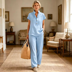 ✨Set de Damă din In și Bumbac – Bluză cu Mânecă Scurtă și Pantaloni Largi, Stil Casual Elegant de Vară