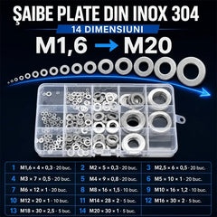Set Șaibe Plate Subțiri și Îngroșate din Oțel Inoxidabil 304 (M1.6-M20, 14 Dimensiuni) - Șaibe Metalice Rotunde Anti-Rugină cu Cutie de Organizare pentru Șuruburi