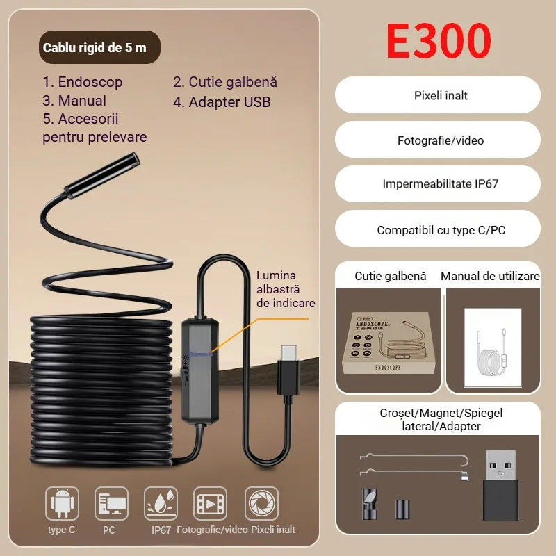Cameră Endoscopară Industrială HD E300 (Type-C/USB):Detector pentru Țevi și Reparații Auto, Rezoluție Înaltă, Impermeabilă IP67, Foto-Video, cu 5 Accesorii Cadou