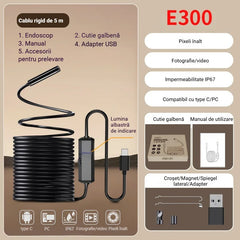 Cameră Endoscopară Industrială HD E300 (Type-C/USB):Detector pentru Țevi și Reparații Auto, Rezoluție Înaltă, Impermeabilă IP67, Foto-Video, cu 5 Accesorii Cadou