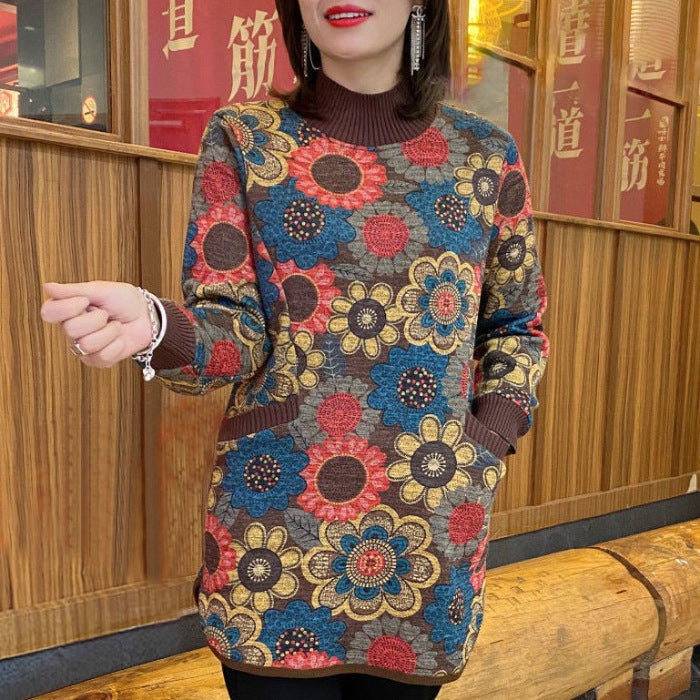 Nagy méretű, bélelt hosszú pulóver női – karcsúsító, fiatalos, meleg, nyomott mintás