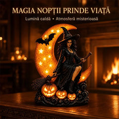 Lampă de Noapte Sculptată "Vrăjitoarea pe Lună" cu Dovleci Luminați – Statuetă Gotică Mistică cu Lumini LED pentru Decor de Casă și Atmosferă Magică
