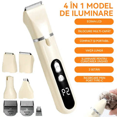 8-piece set--Trusă de Îngrijire 4 în 1 pentru Animale de Companie – Aparat de Tuns Câini și Pisici cu PILĂ de Unghii, Afișaj LED și Zgomot Redus【Consolă principală + 4 capete interschimbabile + 3 piepteni de ghidare】