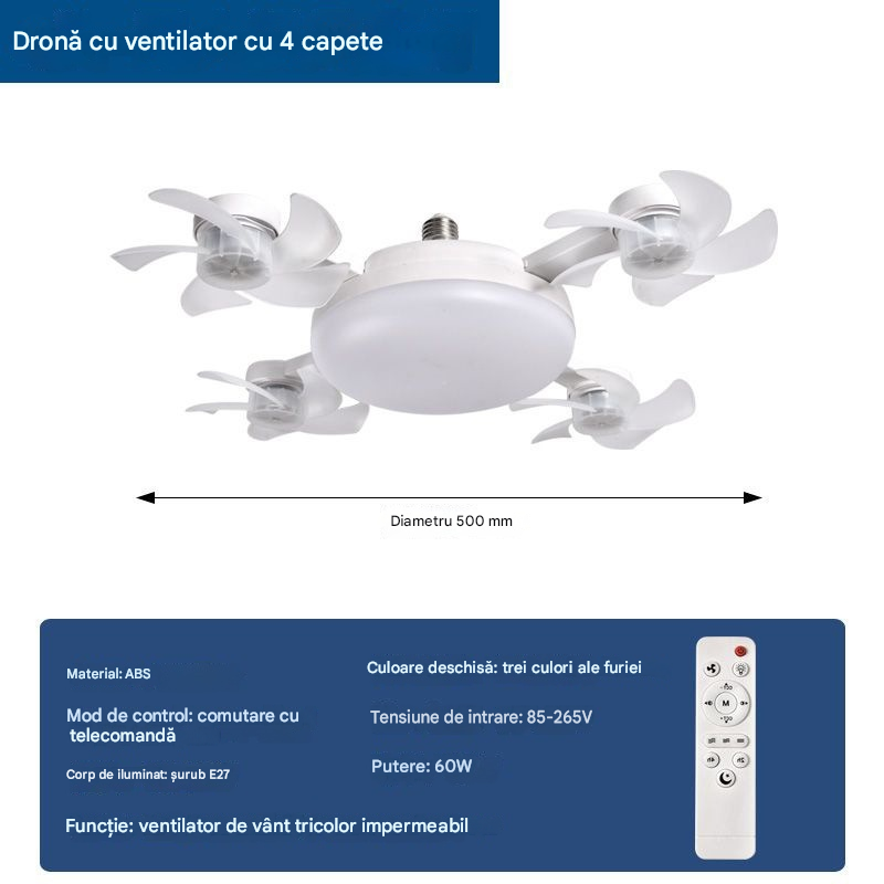 【50% reducere la comenzile plasate astăzi】Ventilator tip dronă cu patru pale, bec E27 și telecomandă