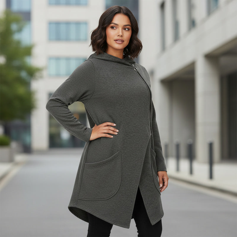 🔥【XL-5XL】Magas gallér, oldalsó cipzár, kapucni, polár bélés, szabálytalan fazonú kabát