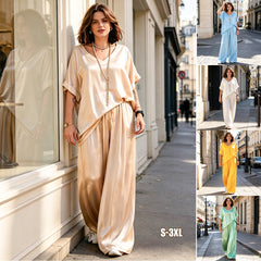 【S-3XL】Set casual pentru femei din două piese – top cu mânecă scurtă și decolteu în V + pantaloni largi, croială lejeră, culori multiple, ținută de vară și toamnă pentru