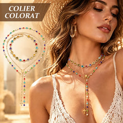 🛍️ Set de colier stratificat trei într-unul: zirconiu cubic colorat și pandantiv cruce ✨ Choker din cristale colorate, emanând farmec luxos | Elegant și versatil, poate fi purtat separat