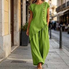 ✨Set Casual de Vară cu Design Asimetric și Nasturi Laterali, Top fără Mâneci și Pantaloni Largi, Stil Boho-Chic