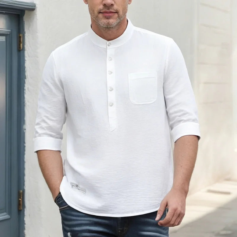 Tricou Henley pentru bărbați, din bumbac și in | Design cu guler înalt, respirabil și confortabil | Top casual versatil pentru vară