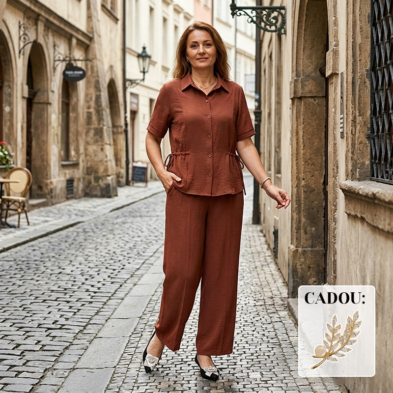 【Comandă astăzi și primești CADOU: o broșă cu perlă aurie.】✨Set Elegant de Damă cu Talie Ajustabilă, Cămașă cu Șnur și Pantaloni Lejeri, Material Premium cu Textură Fină, M-4XL