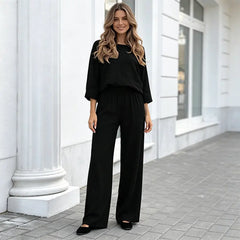 Compleu de Vară din 2 Piese pentru Femei – Bluză Lejeră și Pantaloni Lungi cu Șnur, Material Moale, Respirabil și Confortabil, Stil Casual-Elegant