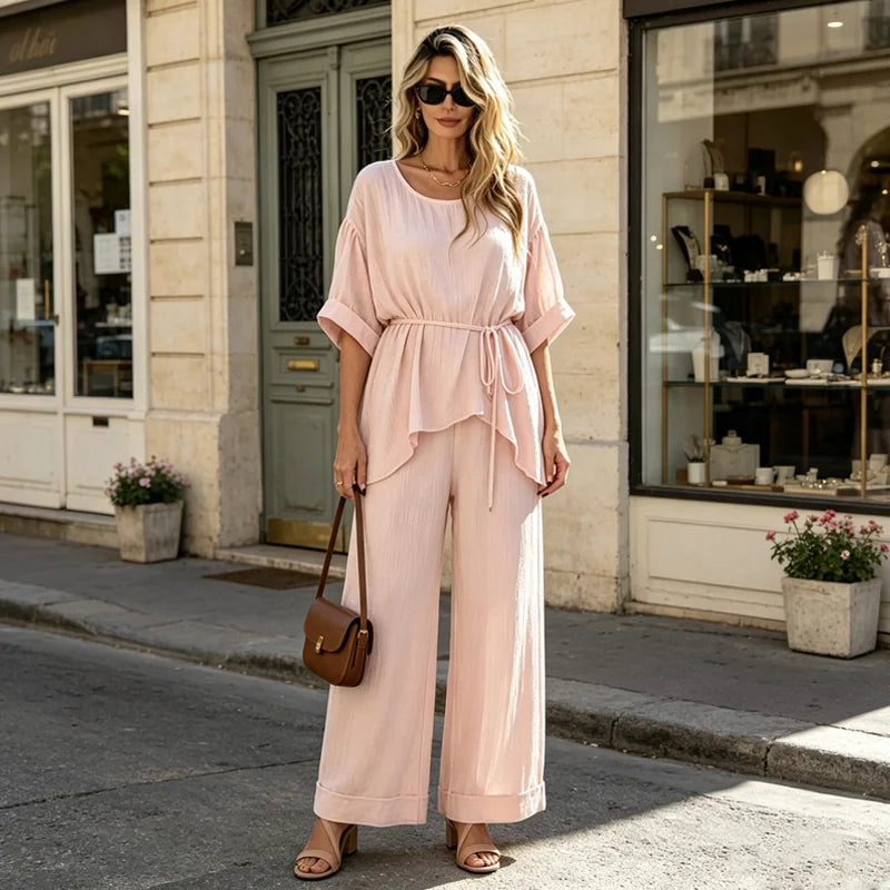 Stil European Relaxat 2026 ✨ Set de Vară din In și Bumbac cu Textură Plisată 🌿 Talie Marcată și Pantaloni Lungi Lari!