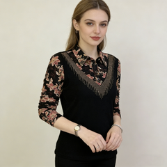 Elegáns hosszú ujjú felső – nyomott mintás gallér, puha bársony alsó rész