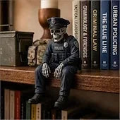 Statuetă Schelet Pompier, Polițist sau Militar pentru Raft, Decor Creativ de Craniu Așezat, Cadou și Ornament Halloween