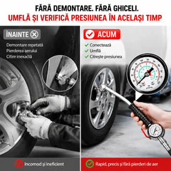 🛍️ Pistol Universal de Umflat Roți 3 în 1 cu Manometru de Precizie 🚘 Pentru Mașini, Camioane, Motociclete, Biciclete | Umflare, Măsurare Presiune & Evacuare Aer | Rezistent și Precis