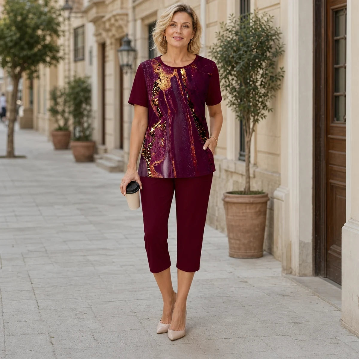🛍️ Lux și Rafinament! Complet Plus Size de Vară cu Imprimeu Fluid și Detalii Aurii | S-5XL