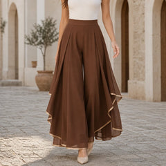 Pantaloni fustă eleganți din voal, cu talie înaltă și volane asimetrice, lejeri și transparenți, stil retro franțuzesc