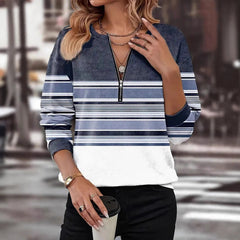 Női laza cipzáras pulóver – V-nyakú, hosszú ujjú, színblokkolt dizájnnal