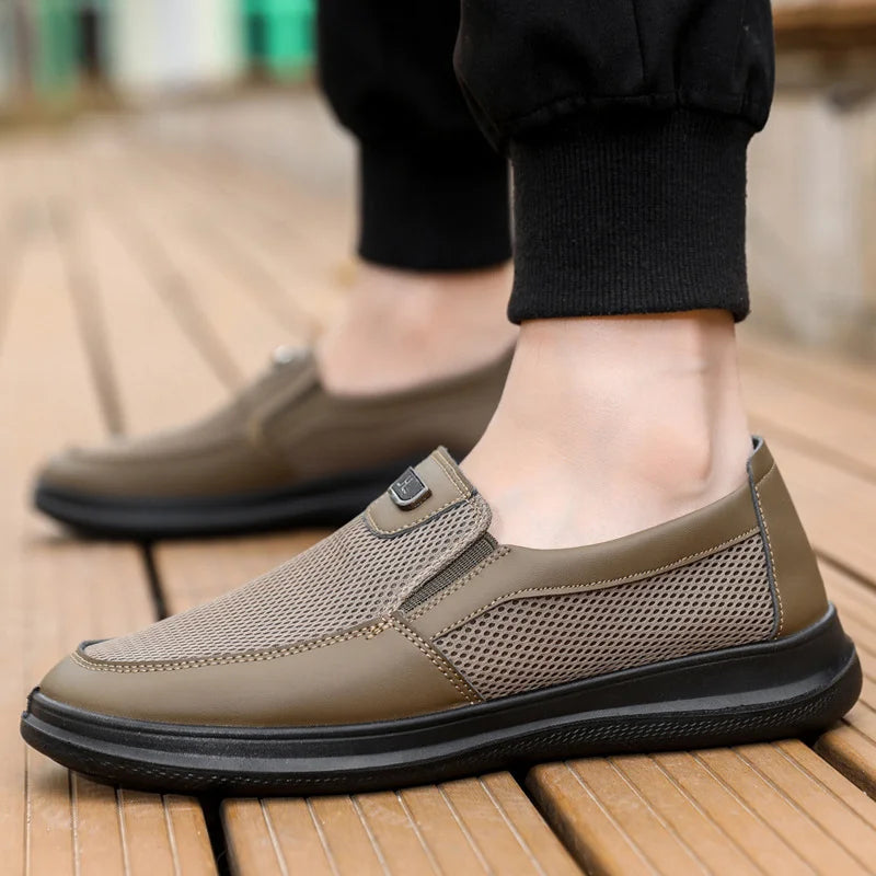 Pantofi Casual din Piele Naturală și Plasă pentru Bărbați – Model Slip-On Ultra-Respirabil, Talpă Moale cu Amortizare și Anti-Alunecare