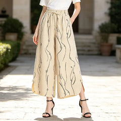 Pantaloni Largi de Damă cu Talie Înaltă Flexibilă, Imprimeu Abstract Elegant, Șliț Lateral cu Nasturi Tradiționali, Material Fluid și Răcoros de Vară